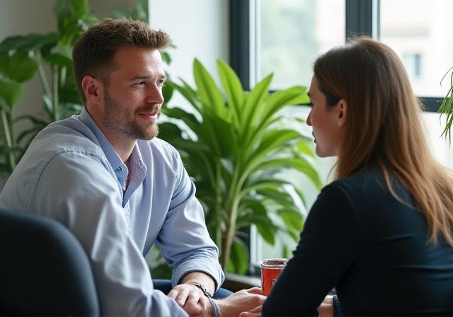 Professional executive coaching session in a modern, plant-filled office