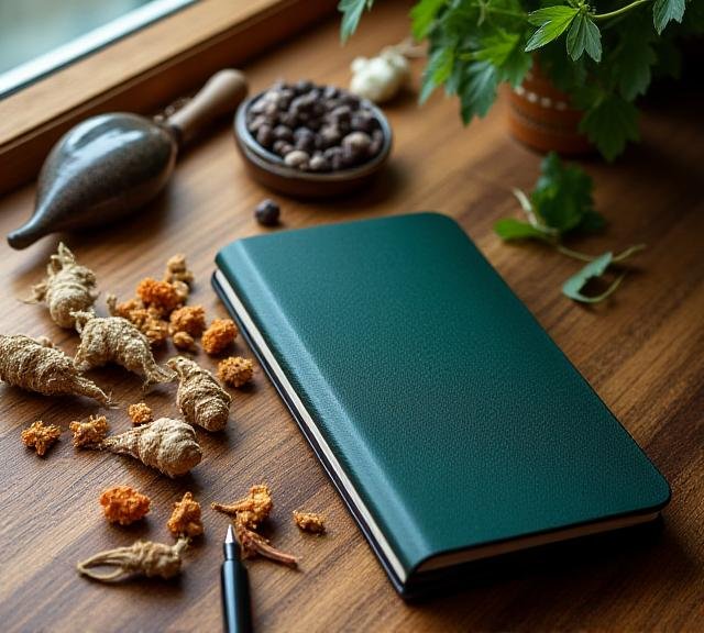 Artistic arrangement of dried herbs and a modern notebook representing clarity and focus